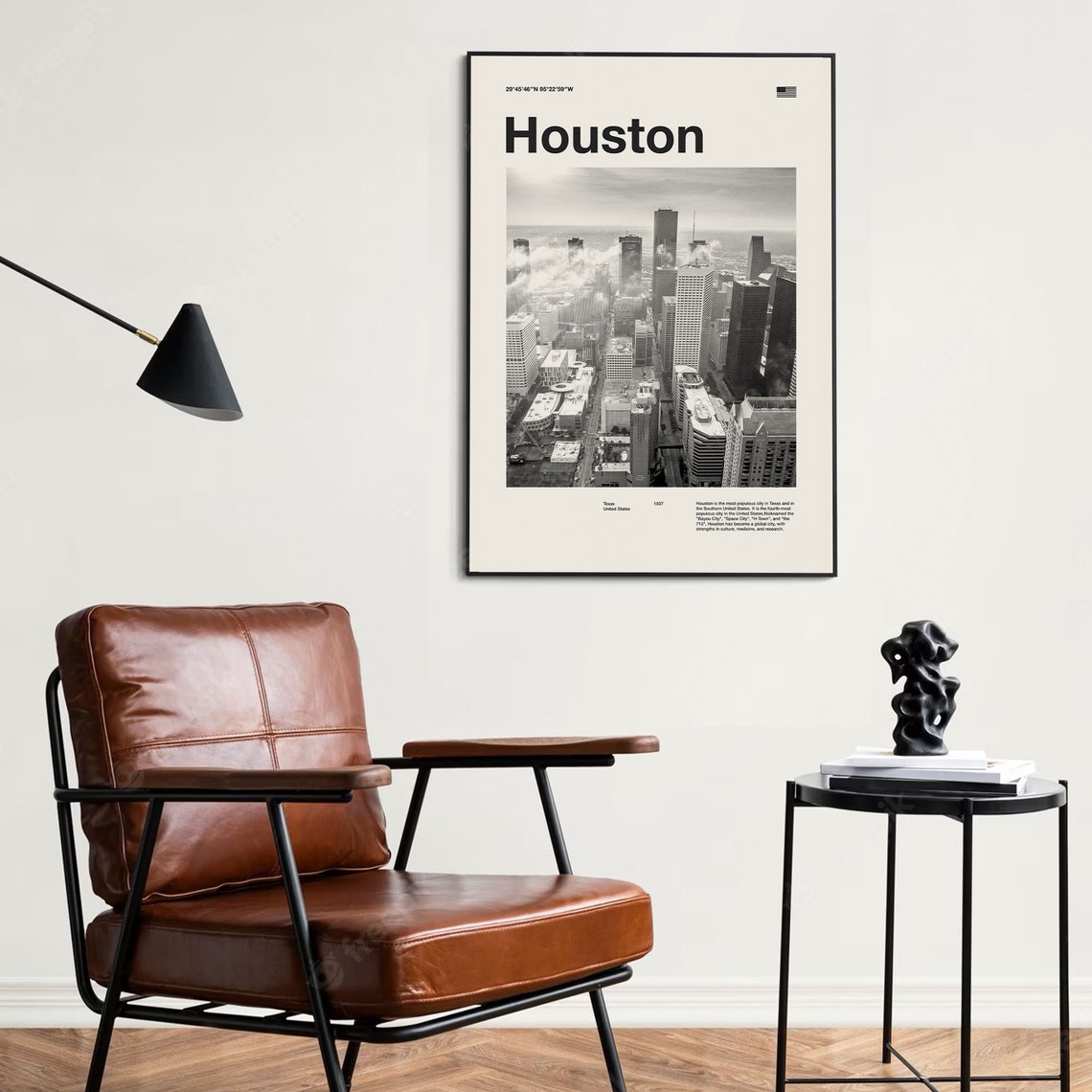 Houston Texas Aerial Skyline Mid Century Black and White Photo Poster - Image 4