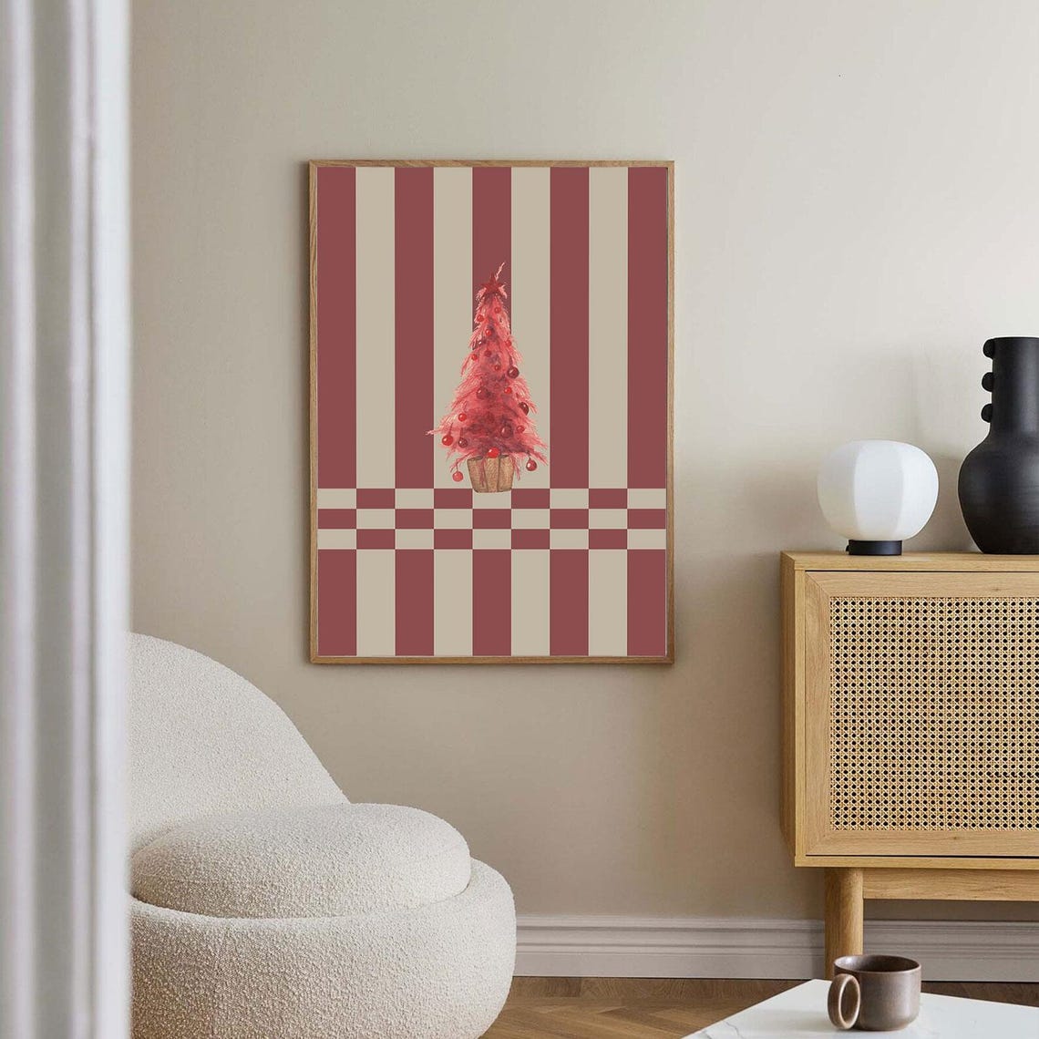 Red Striped Potted Christmas Tree Vintage Retro Holiday Wall Art - Image 2