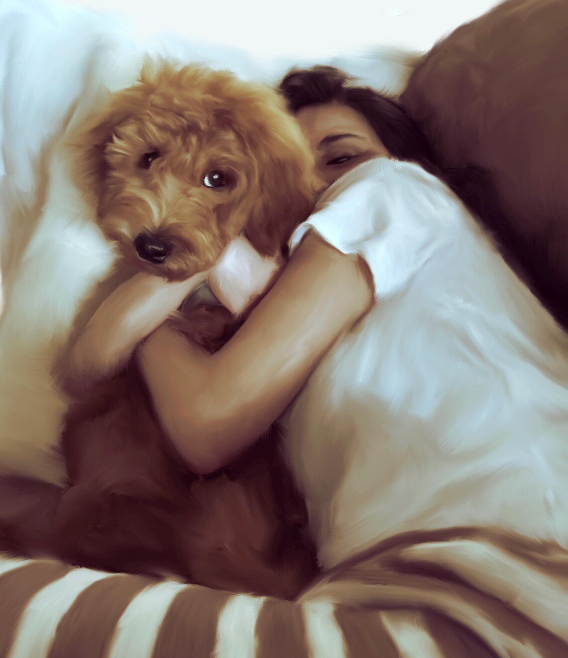Woman Holding Golden Doodle Puppy Painted Portrait Bright Blue Poster - Image 4