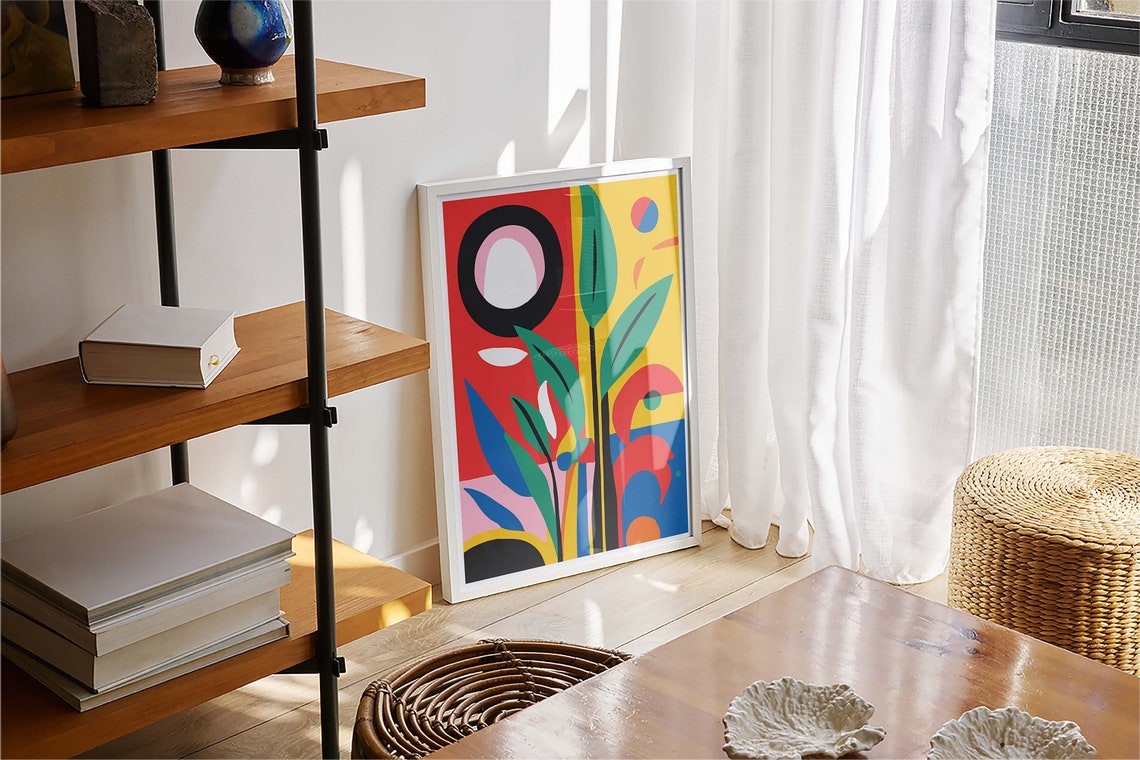 Colorful Abstract Botanical Red Yellow Green Leaf Modern Art Poster - Image 4