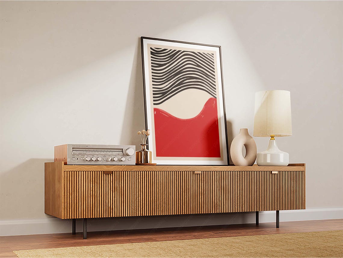 Bold Black Waves Over Red Abstract Mid Century Modern Poster - Image 2
