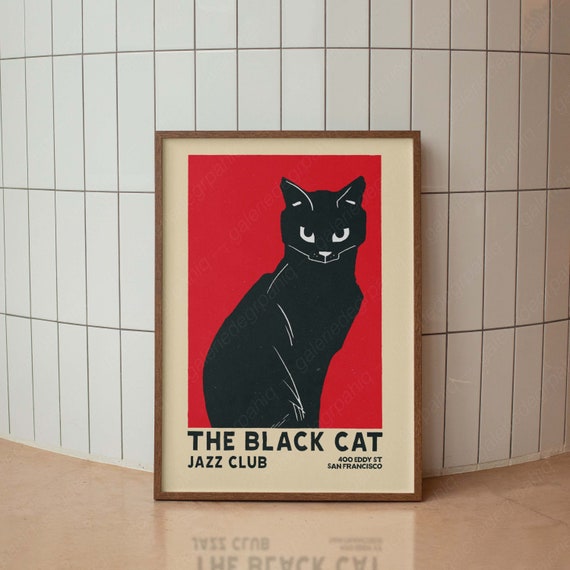 Vintage Black Cat Jazz Club Poster, Minimalist Decor