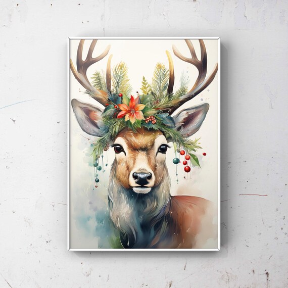 Watercolor Christmas Deer with Festive Floral Antlers Art Poster