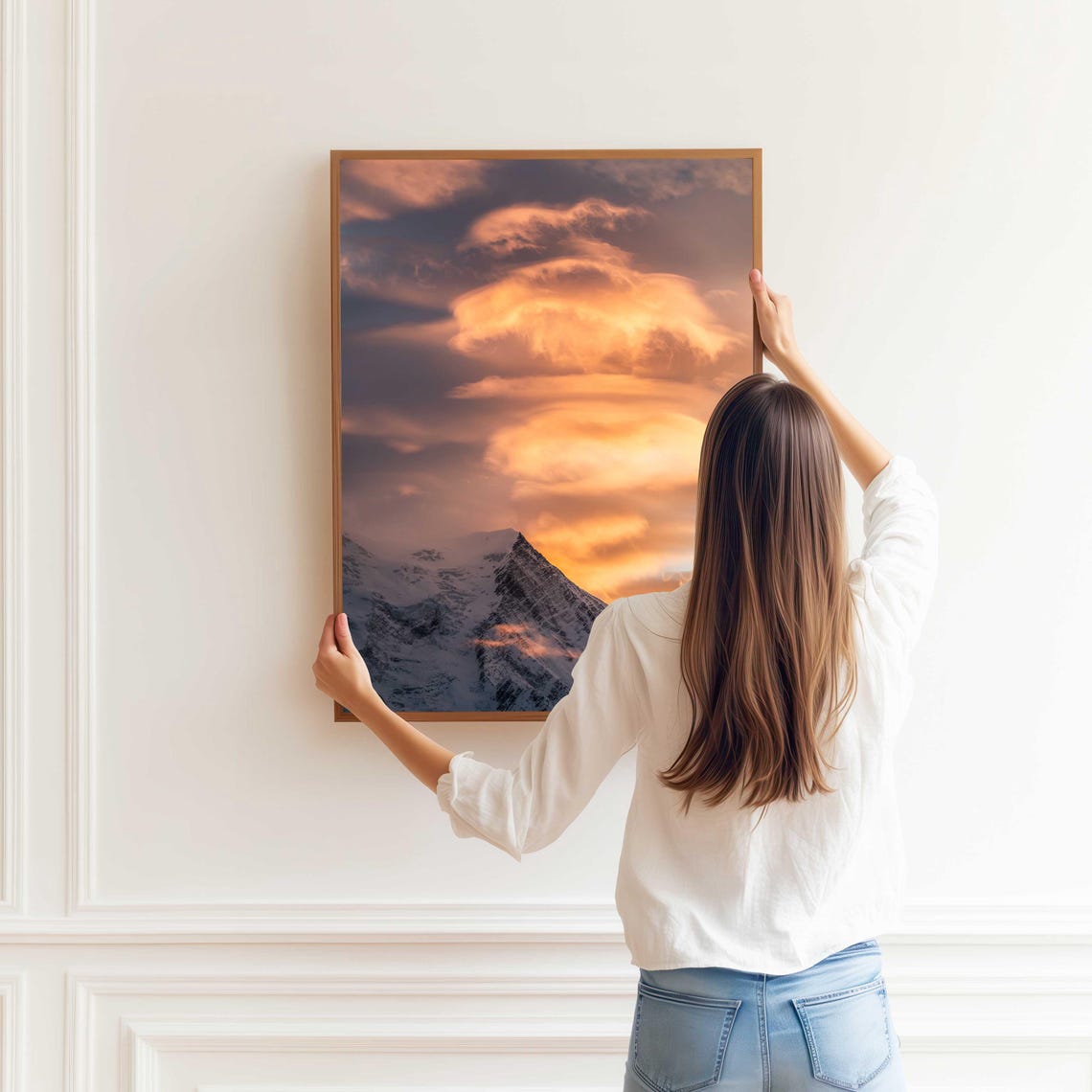 Lenticular Clouds Over a Snowy Peak at Golden Sunset Sky Poster - Image 3