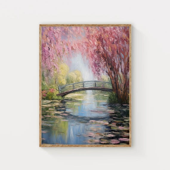 Tranquil Bridge Over Water Oil Painting Print Modern Wall Art Inspired By Claude Monet Green Pink Wall Decor Cherry Blossom Trees