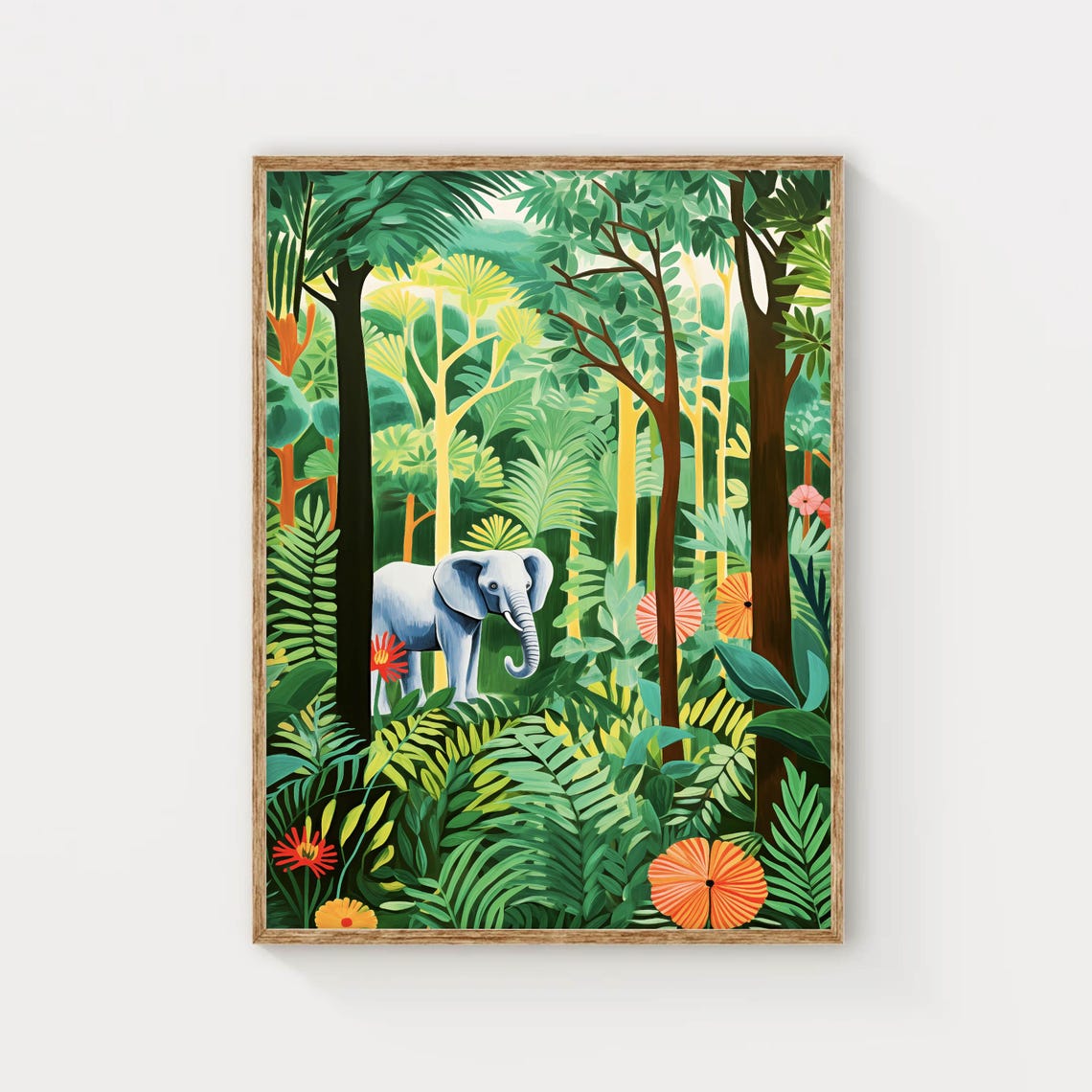 Elephant in Lush Tropical Jungle Forest Colorful Illustration Poster
