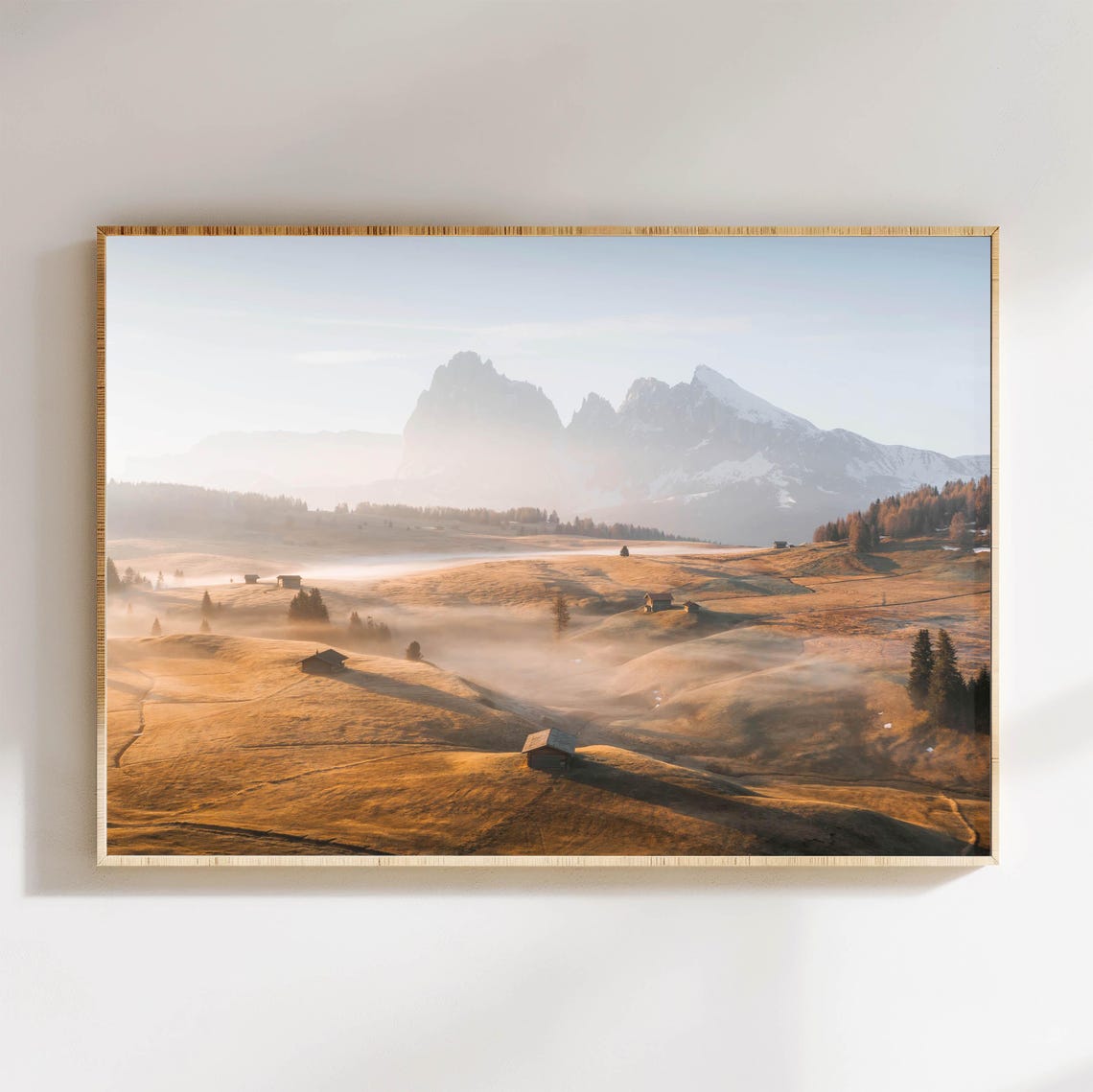 Misty Mountain Valley with Cabins in Soft Morning Light Poster