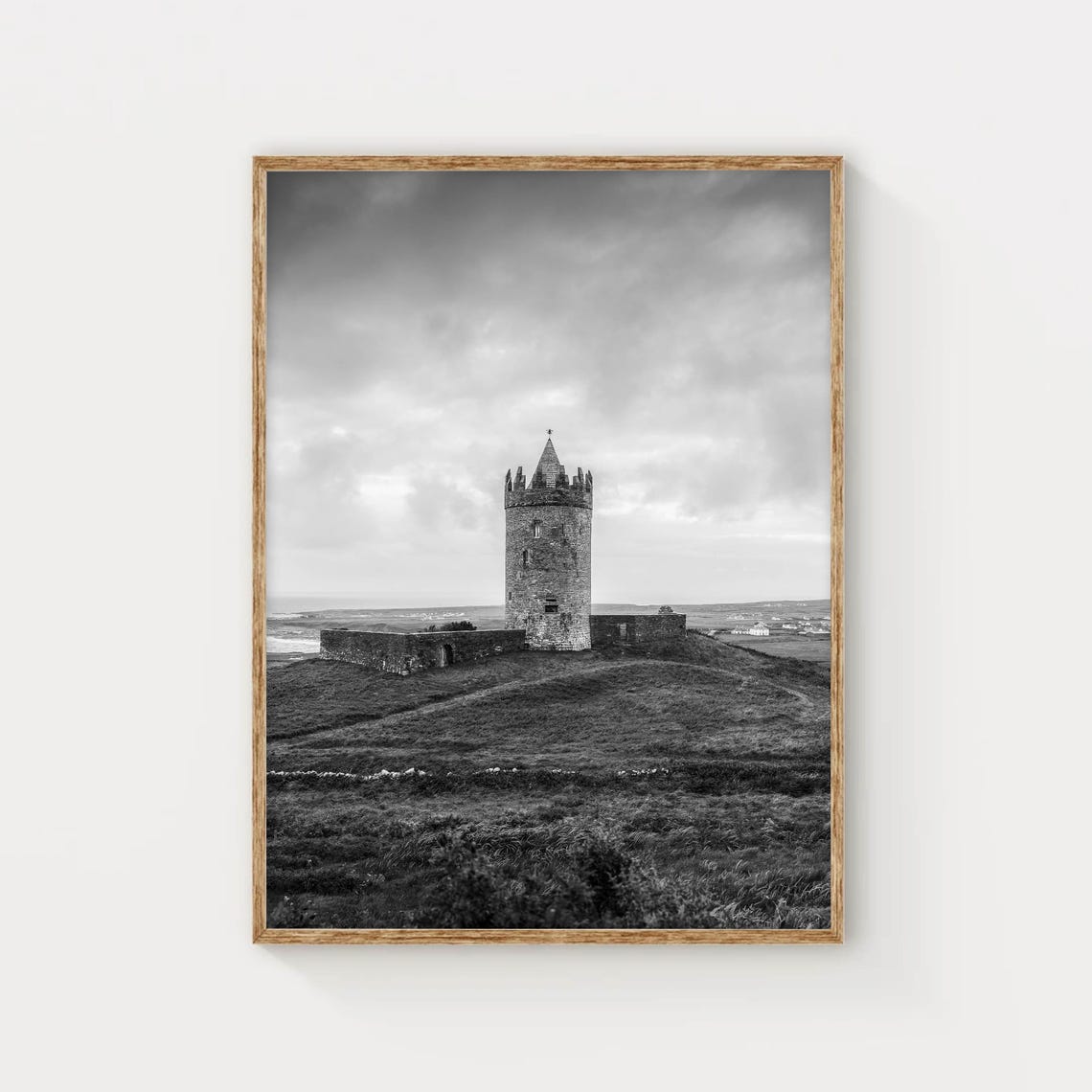 Medieval Stone Castle on Green Hillside Black White Photo Poster