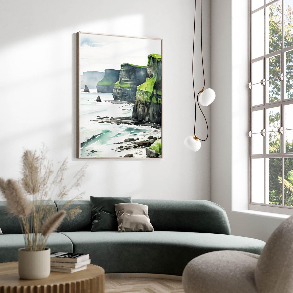 Green Sea Cliffs Watercolor Coastal Waves Landscape Art Poster - Image 2