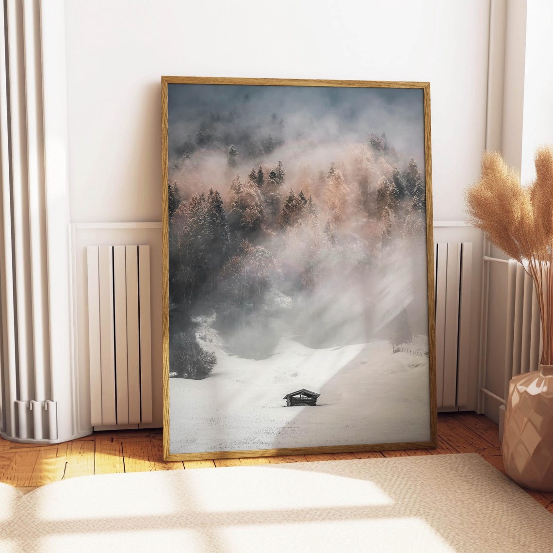 Misty Snowy Forest with Hidden Cabin Winter Photography Poster - Image 4