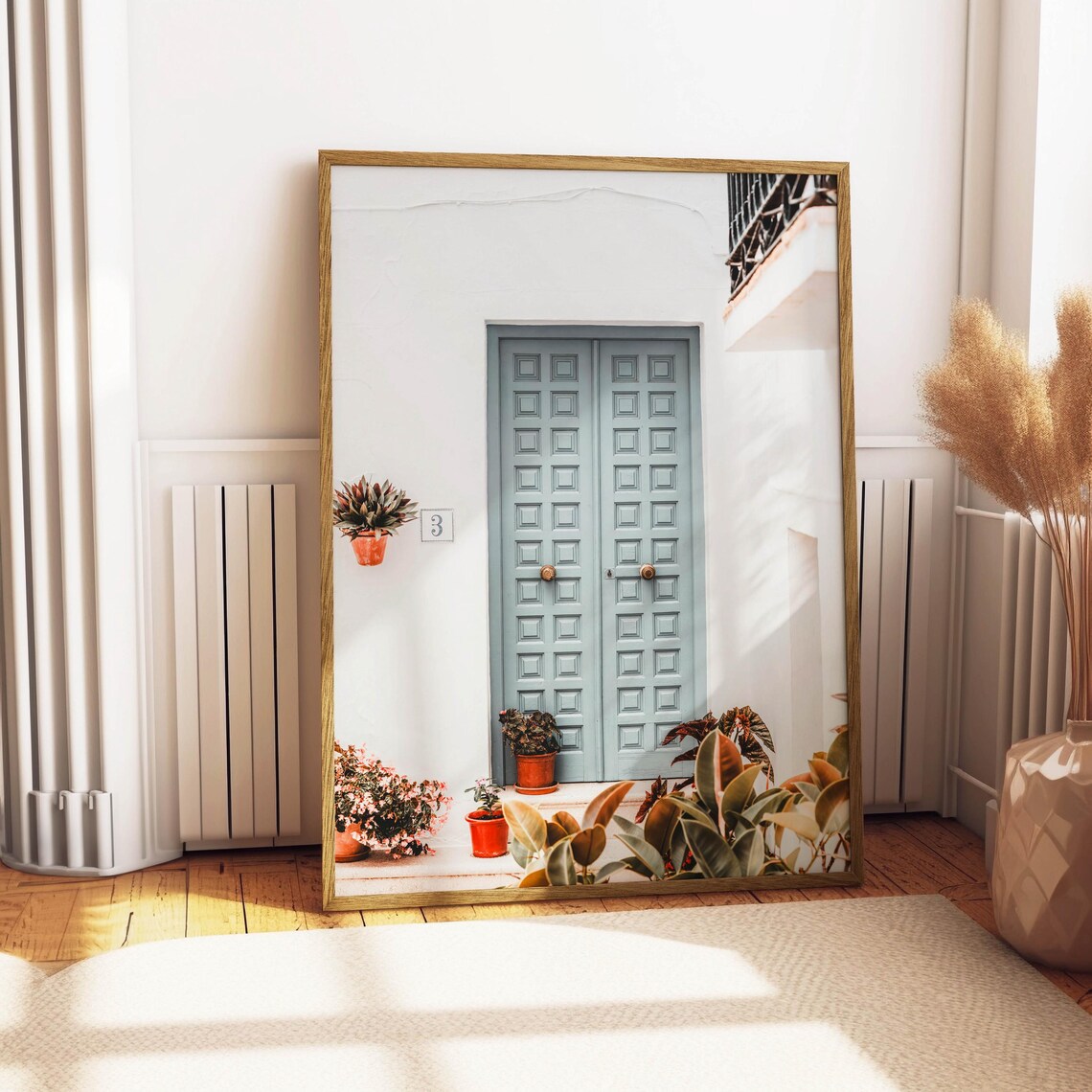 Blue Wooden Door White Wall Potted Plants Mediterranean Street Poster - Image 4