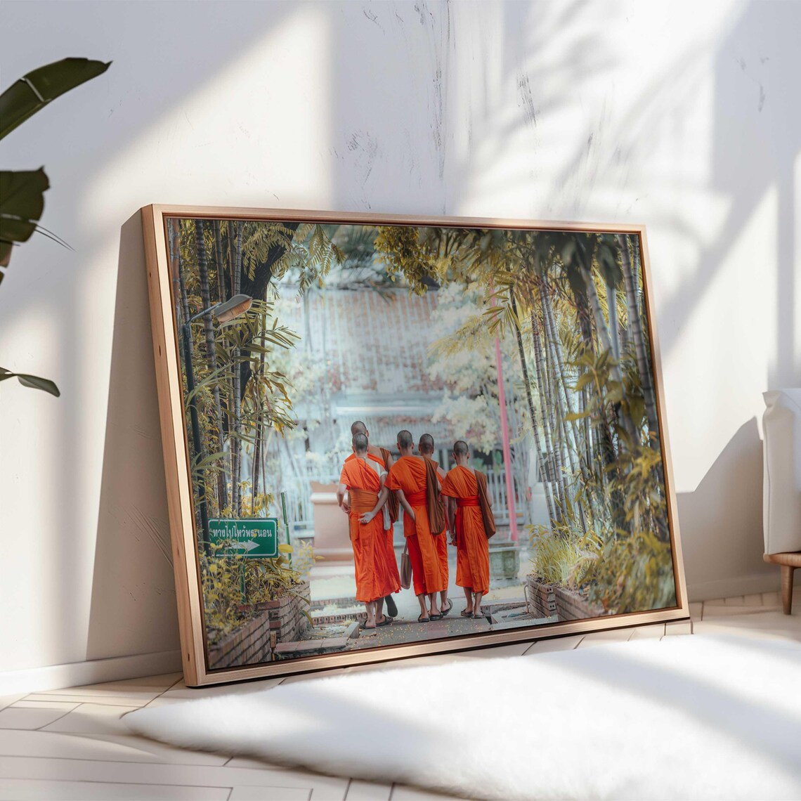 Thai Buddhist Monks Orange Robes Garden Path Cultural Photography Poster - Image 3