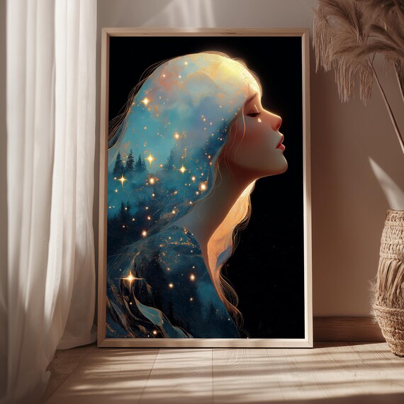 Woman Starlit Forest Hair Double Exposure Night Woods Art Print