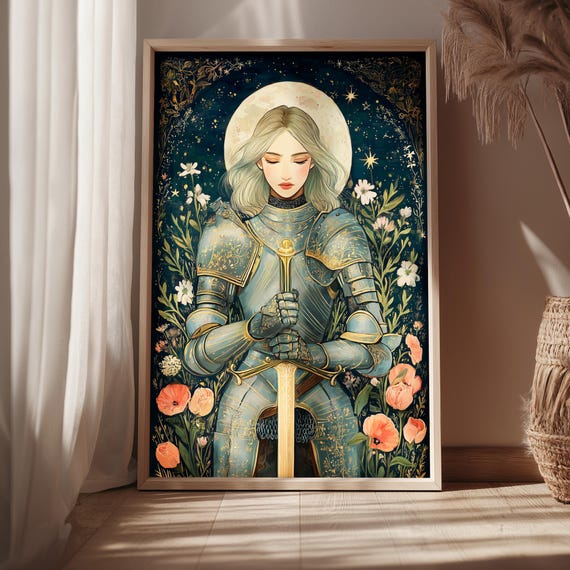 Moonlit Knight Wall Art Fantasy Woman Warrior Print Boho Tapestry Decor Medieval Celestial Illustration