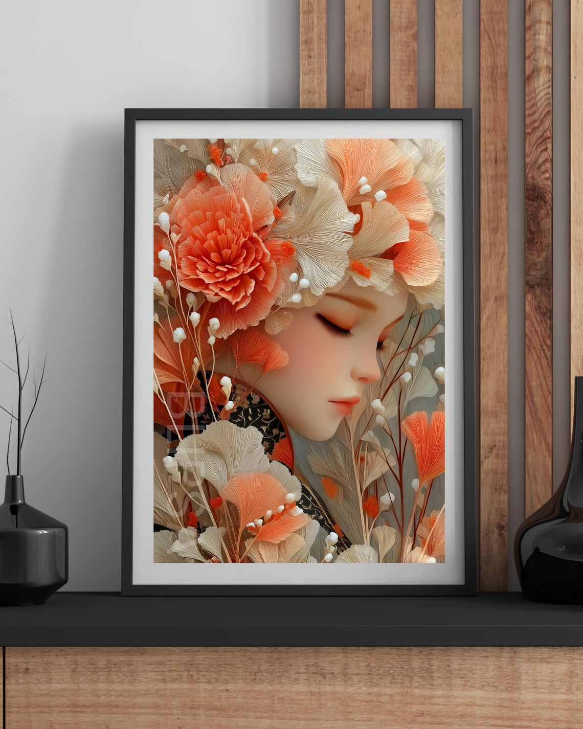 Sleeping Woman Among Coral Flowers Soft Botanical Portrait Poster