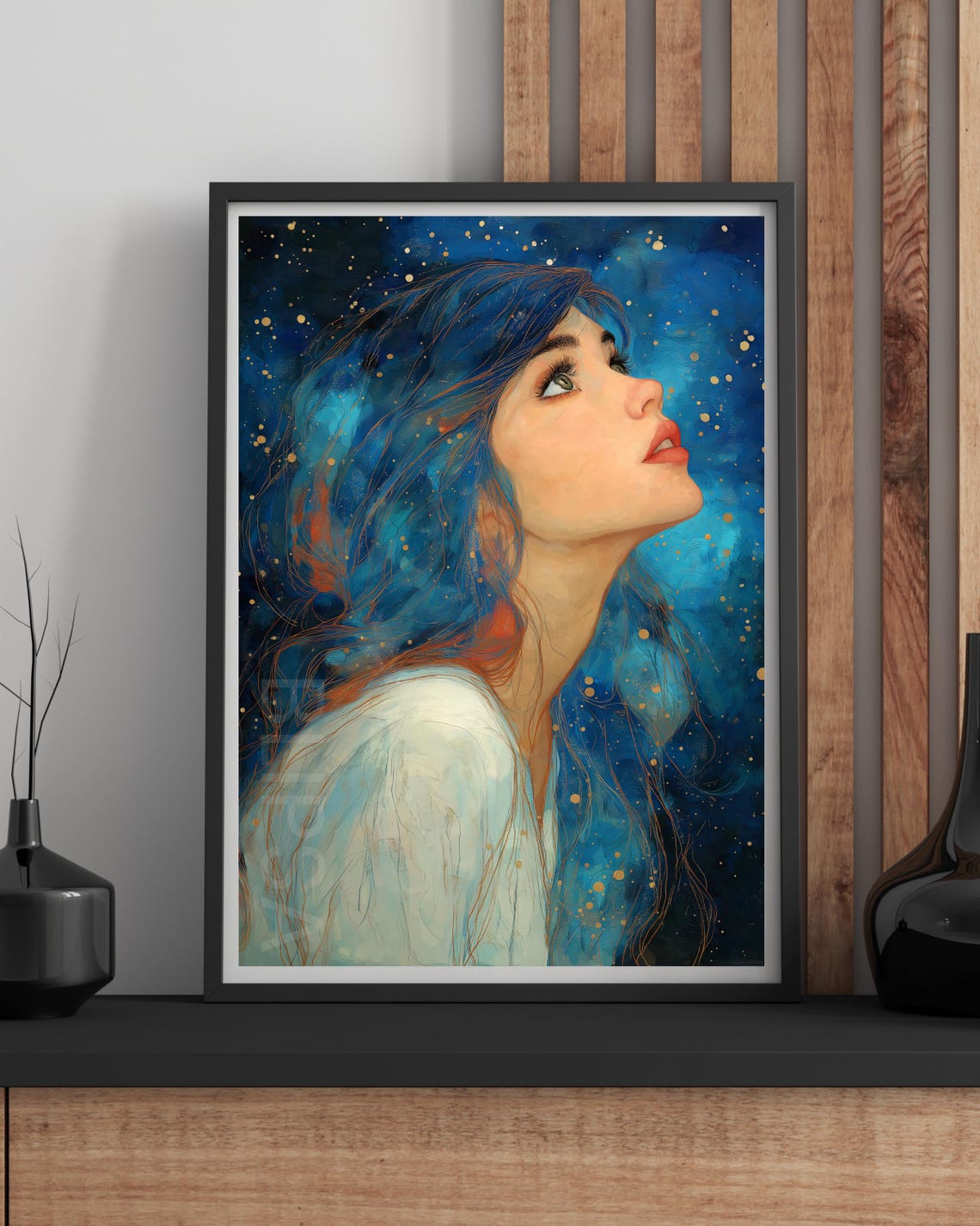 Woman Gazing Up Starry Night Sky Dreamy Celestial Portrait Print