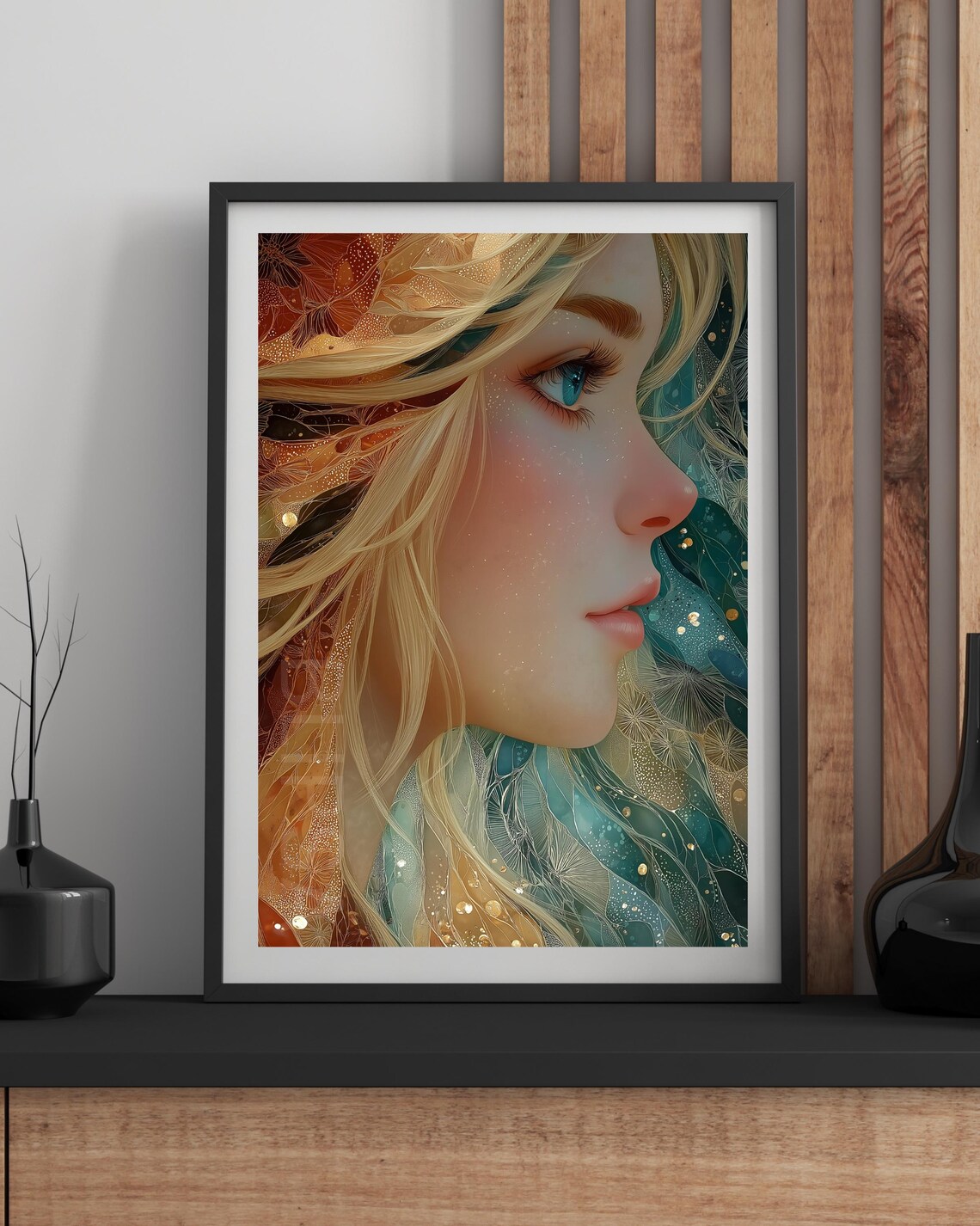 Blonde Woman Profile with Blue Eyes Soft Ethereal Fantasy Poster