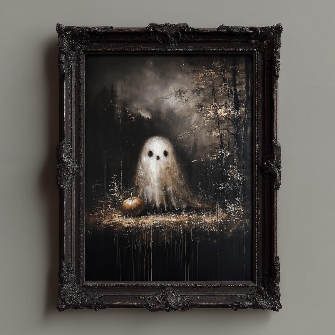 Cute Ghost with a Small Pumpkin in a Dark Gold Drip Forest Poster