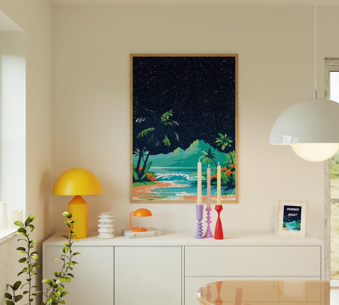 Starry Night Tropical Beach Palm Trees Retro Ocean Travel Poster - Image 2