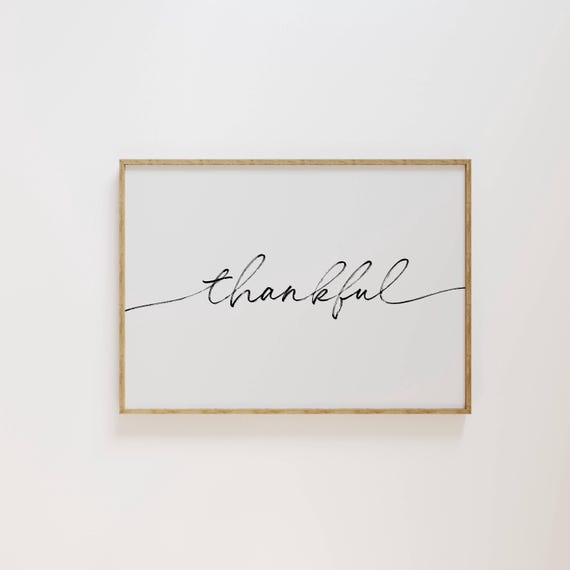 Thankful Script Line Art Black White Minimalist Gratitude Poster