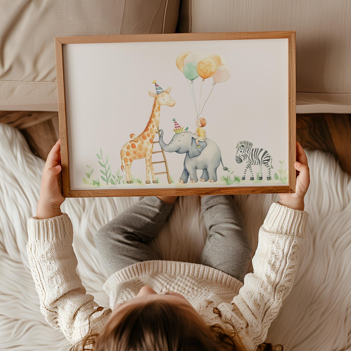 Safari Birthday Party With Animals Watercolor Kids Room Wall Poster - Image 3