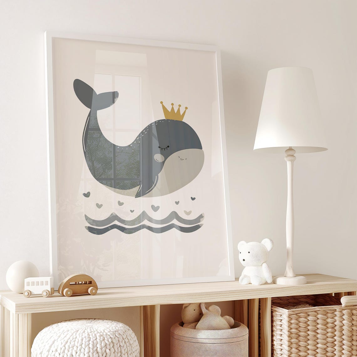 Smiling Crowned Whale Minimalist Ocean Themed Nursery Wall Poster - Image 2