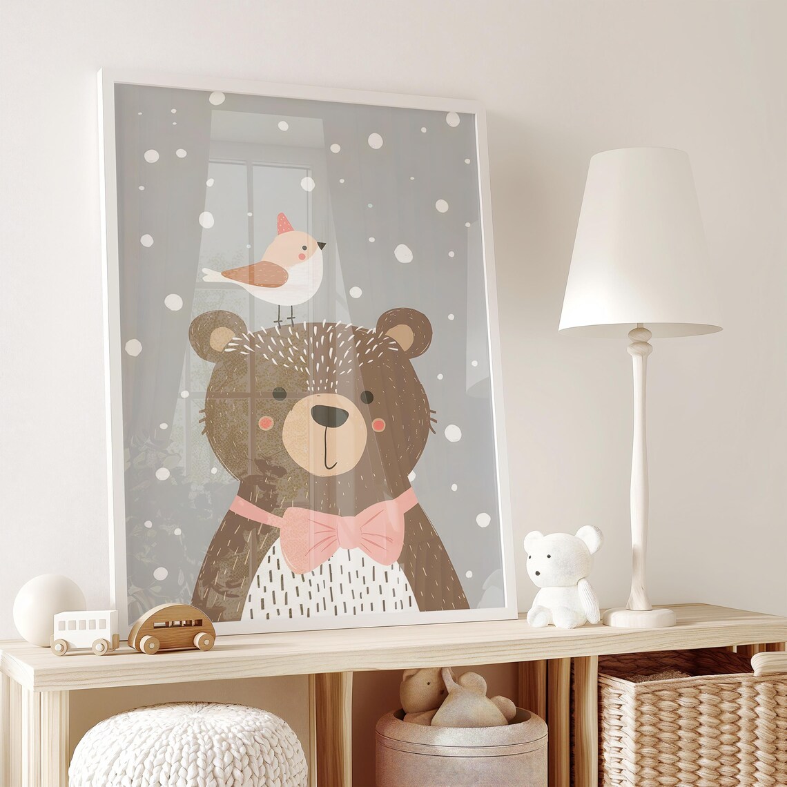 Cozy Brown Bear in Pink Bow Tie With Bird on a Snowy Day Poster - Image 2