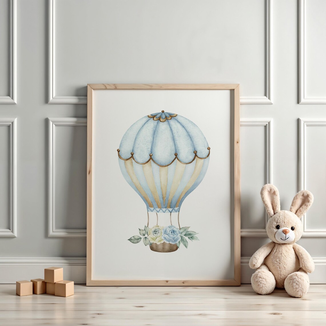 Blue And Gold Floral Hot Air Balloon Watercolor Nursery Wall Poster - Image 3