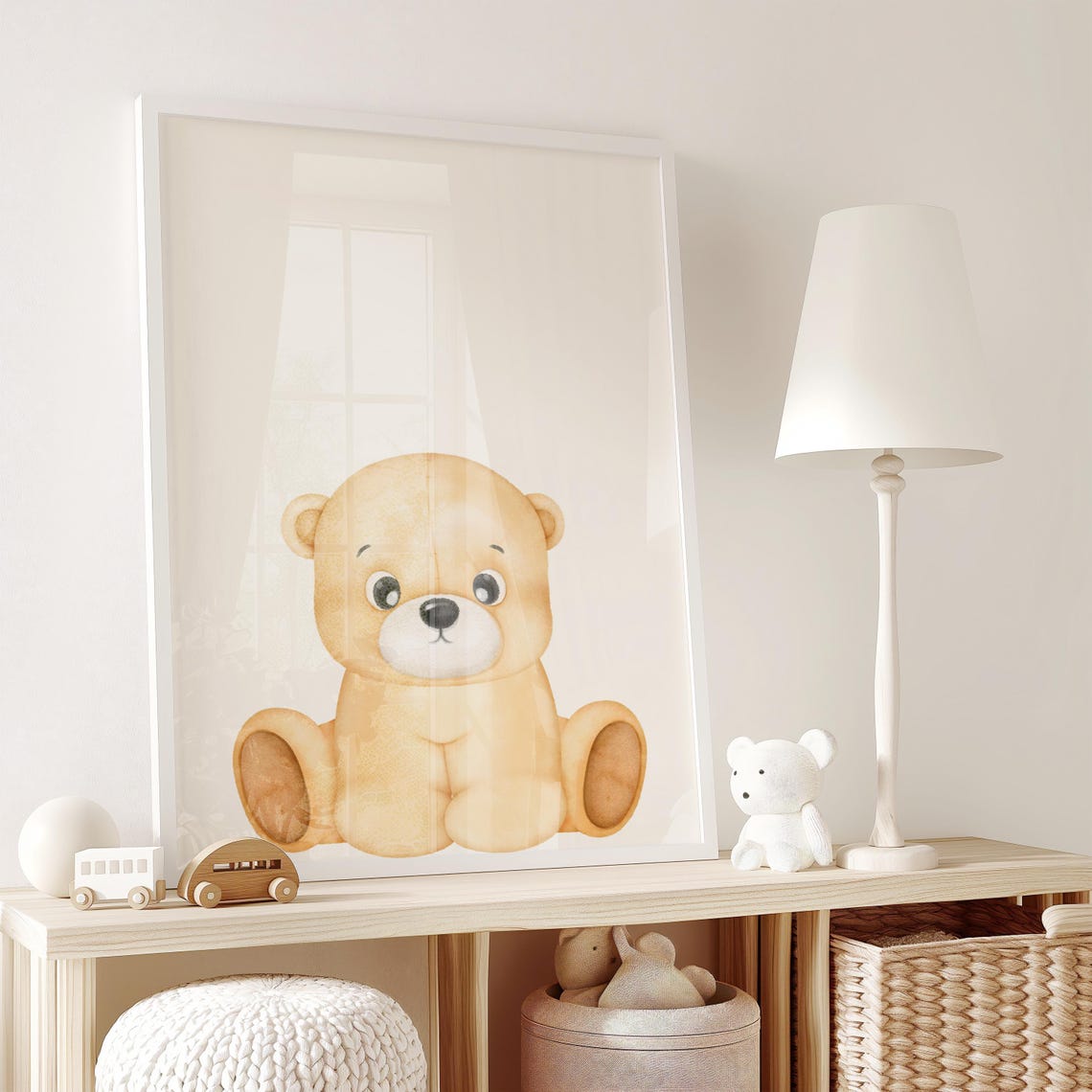 Watercolor Sitting Teddy Bear Cute Neutral Nursery Wall Decor Poster - Image 2