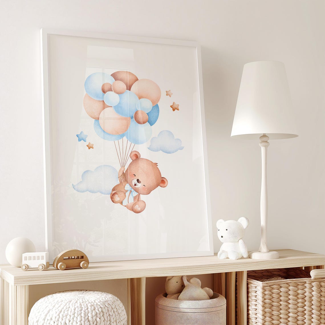 Watercolor Teddy Bear Floating With Pastel Balloons Nursery Poster - Image 2