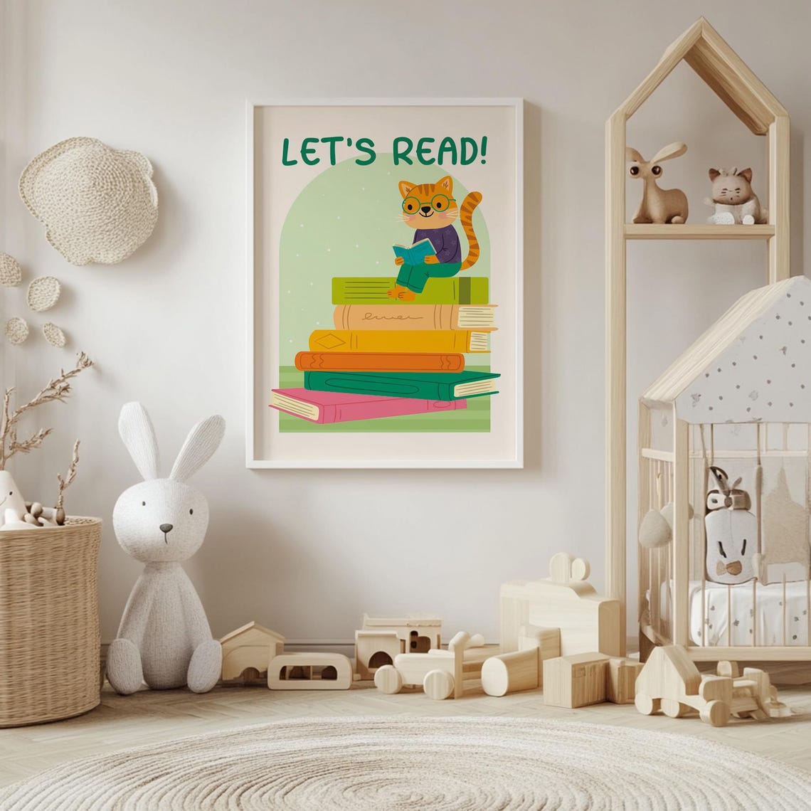 Let's Read Cat With Glasses Stacked Books Kids Reading Poster - Image 4
