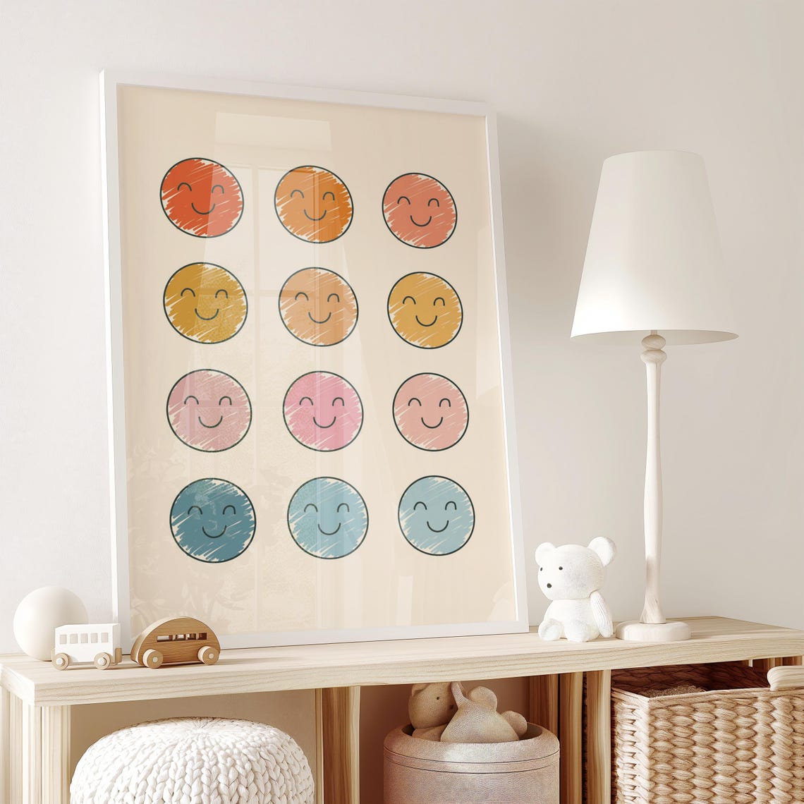 Twelve Colorful Scribbled Smiley Faces Cheerful Kids Grid Poster - Image 5