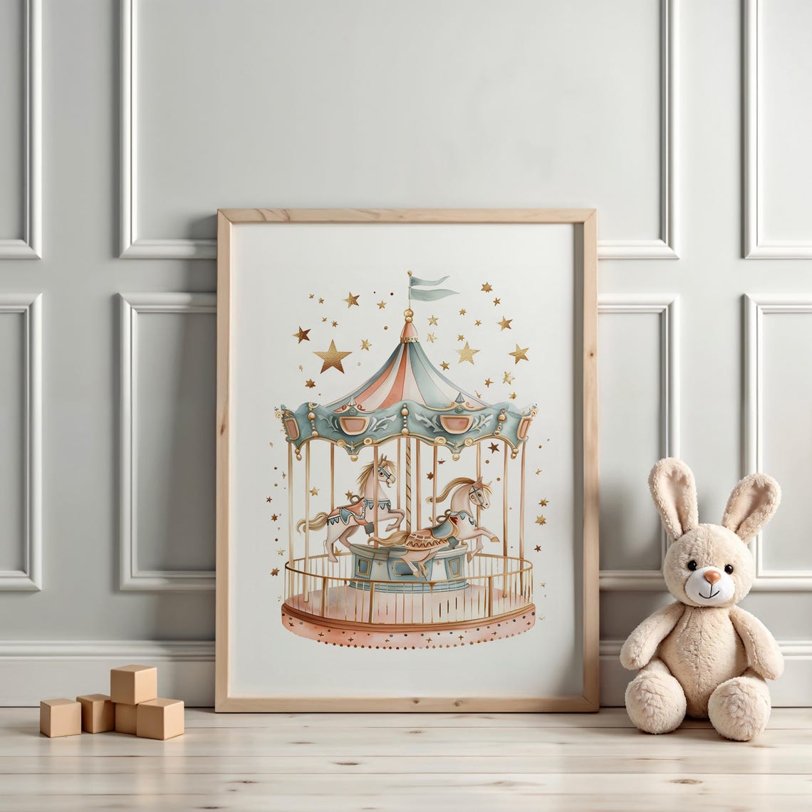 Pastel Carousel With Horses Golden Stars Watercolor Nursery Poster - Image 3