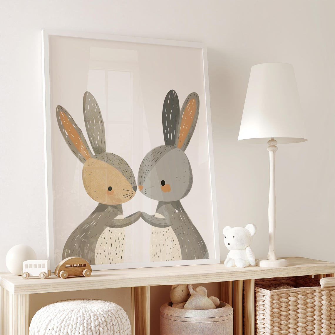 Two Snuggling Bunnies Nose to Nose Scandinavian Nursery Poster - Image 2