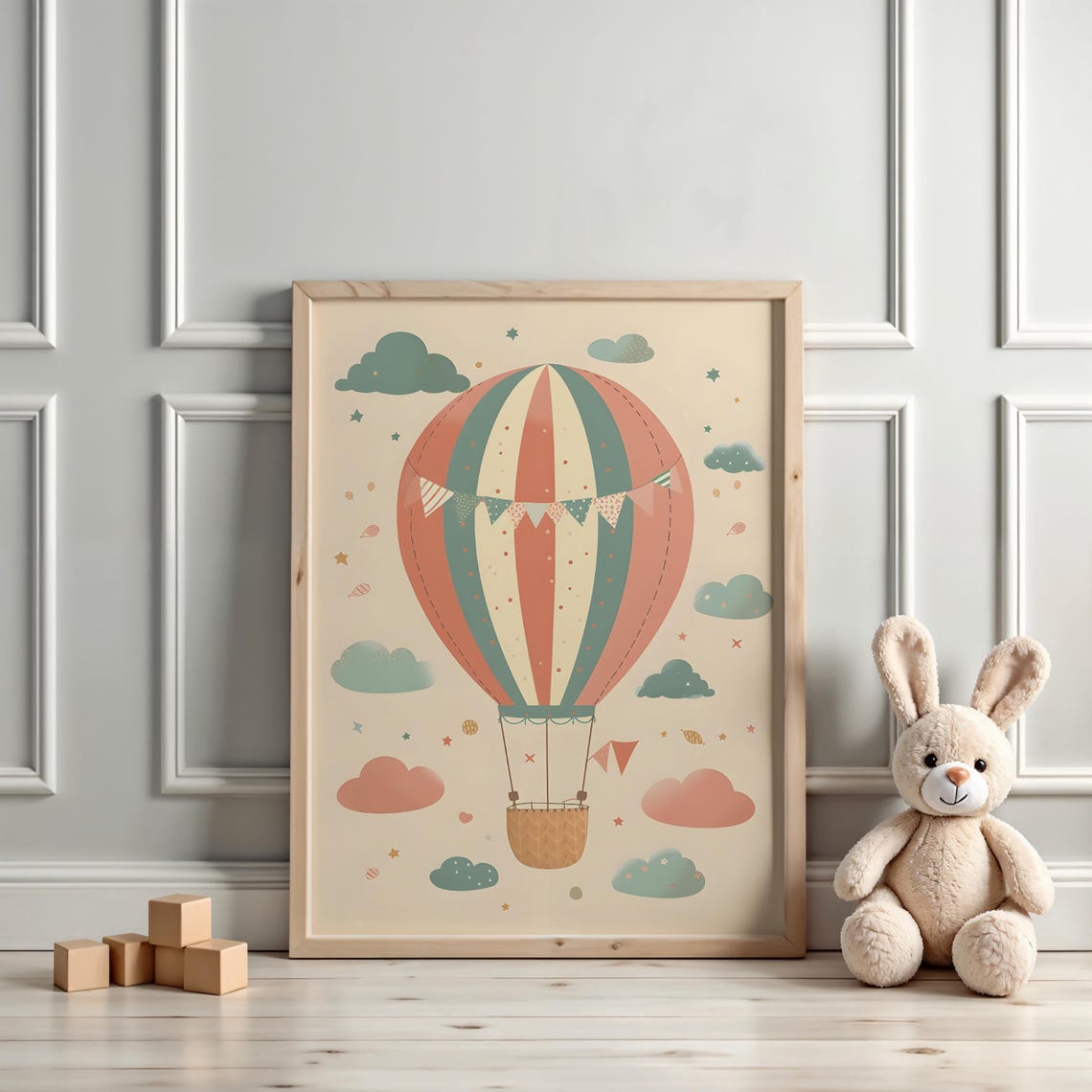 Coral And Teal Striped Hot Air Balloon Vintage Nursery Poster - Image 3