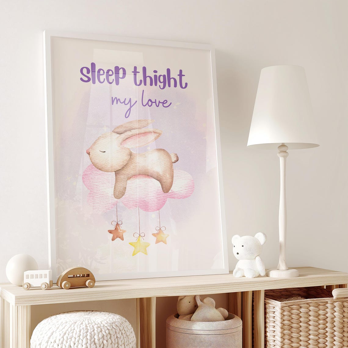 Sleeping Bunny On Pink Cloud Stars Nursery Bedtime Quote Poster - Image 2