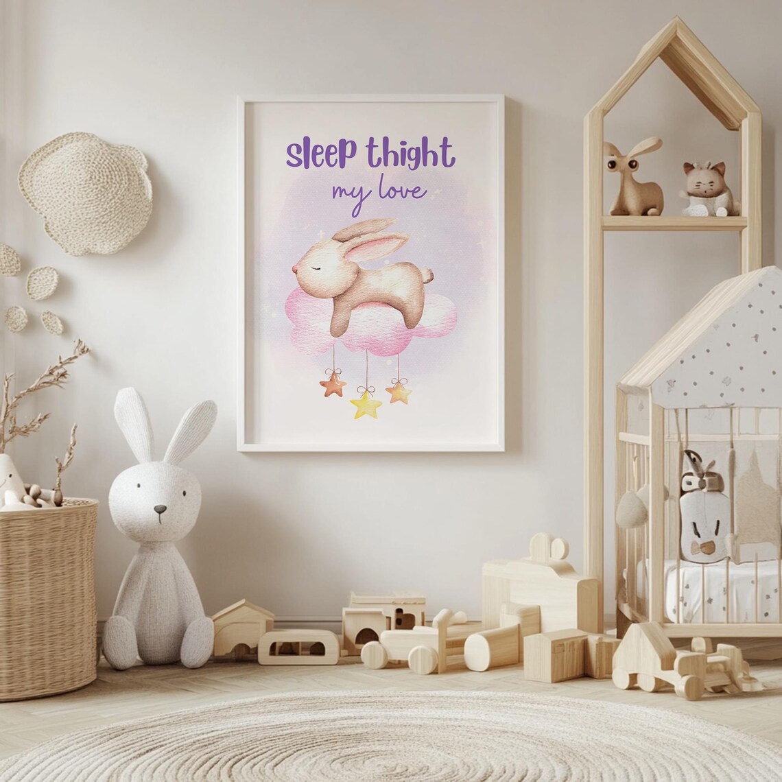 Sleeping Bunny On Pink Cloud Stars Nursery Bedtime Quote Poster - Image 4
