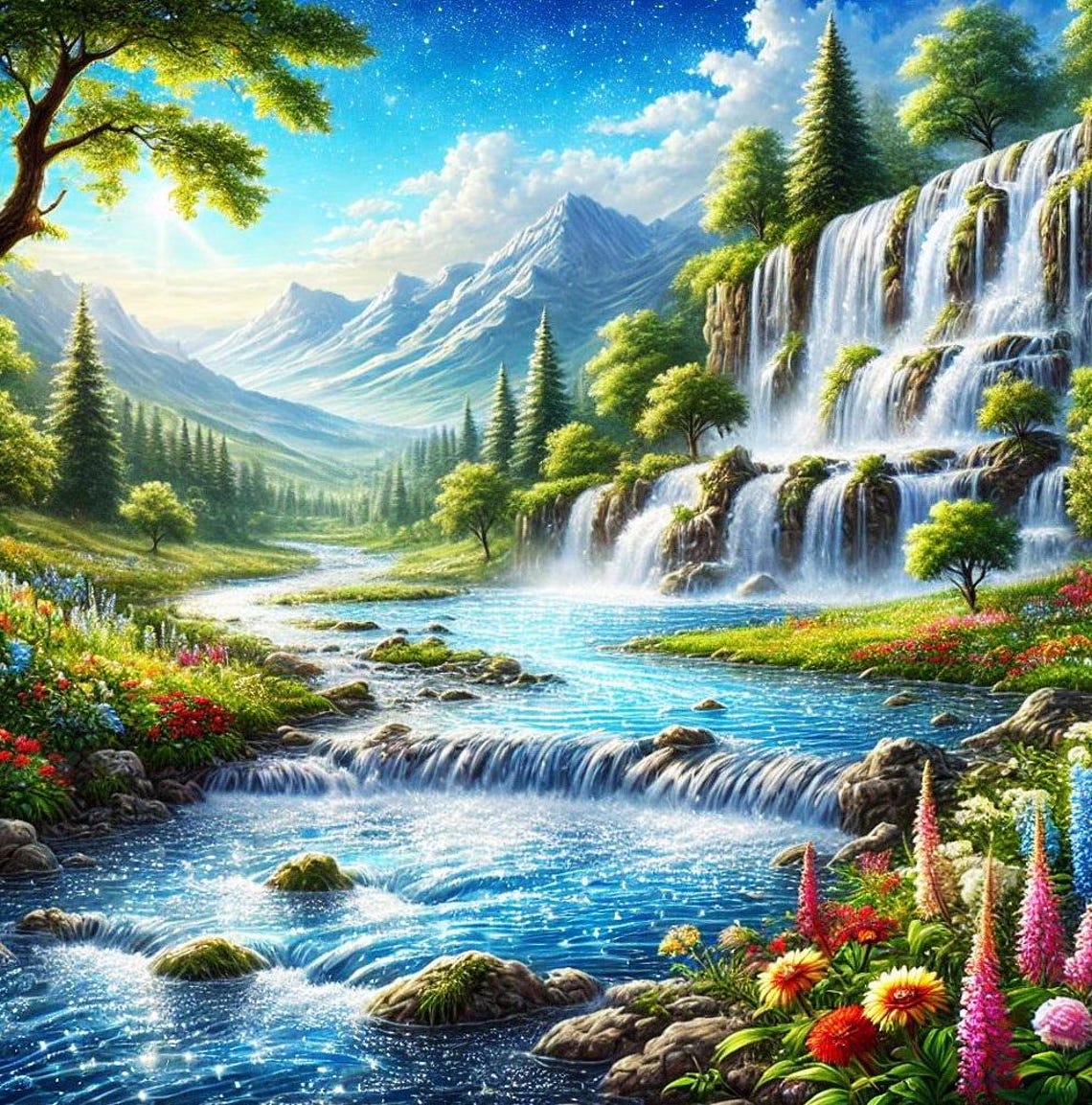 Painting Of A Serene Waterfall In A Peaceful Landscape - Image 5