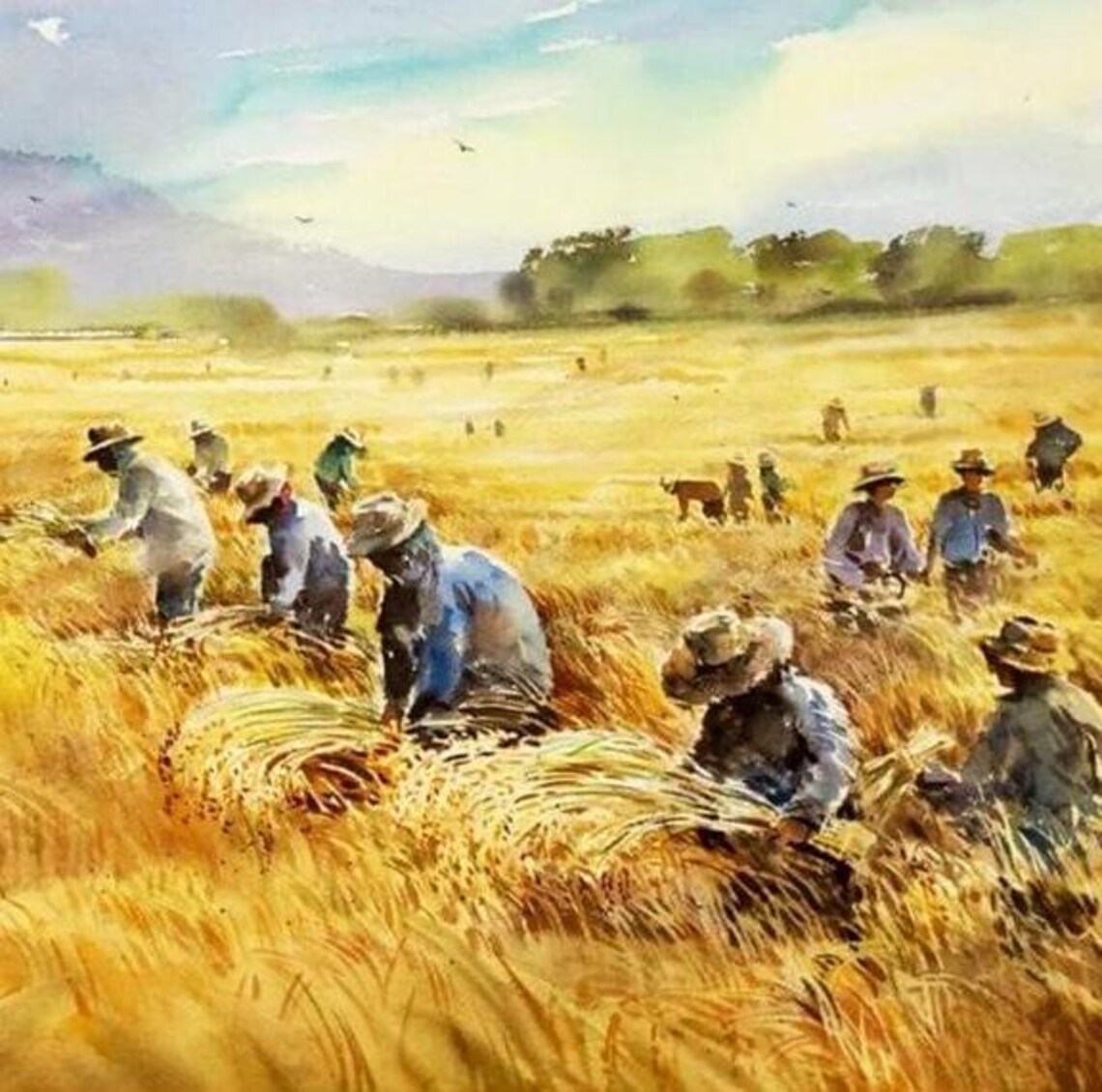 Golden Harvest Painting, Farmers At Work - Image 5