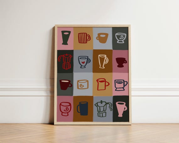 Coffee Mugs Print Hand Drawn Wall Art Kitchen Prints Colourful Unframed