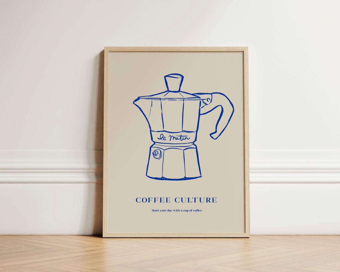 Moka Pot Coffee Culture Blue Line Art Retro Kitchen Decor Poster