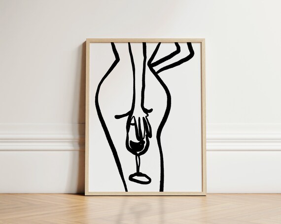 Elegant Woman Holding Wine Glass Minimalist Black Line Art Poster