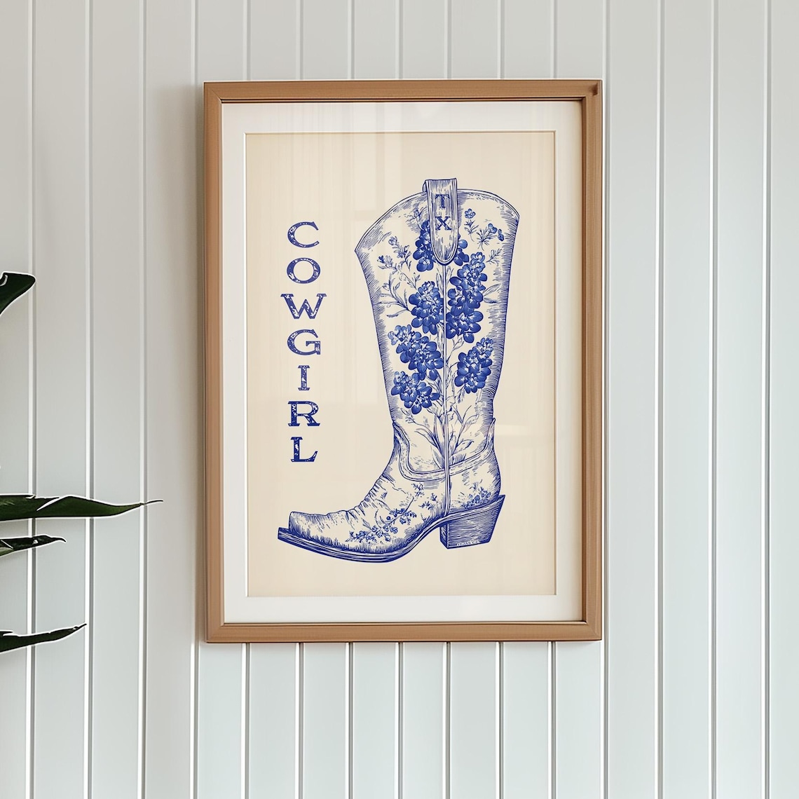 Cowgirl Blue Floral Boot Texas Chinoiserie Western Wall Art Print