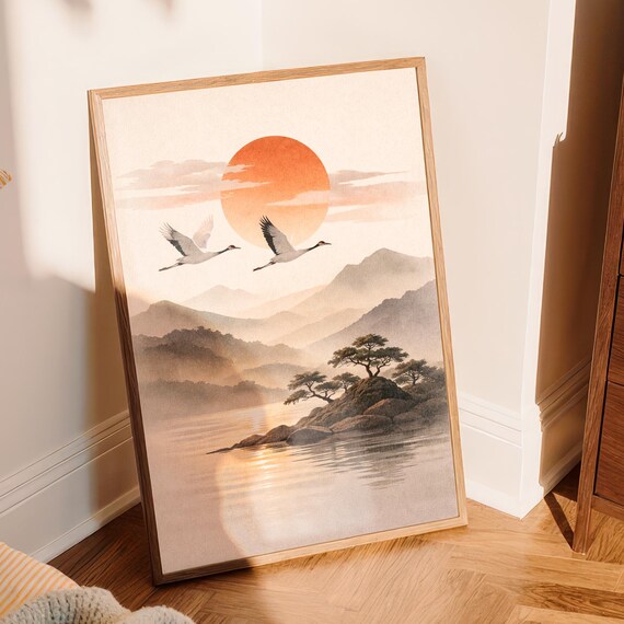 Minimalist Japanese Landscape Wall Art Crane Sunset Poster Neutral Zen Nature Decor