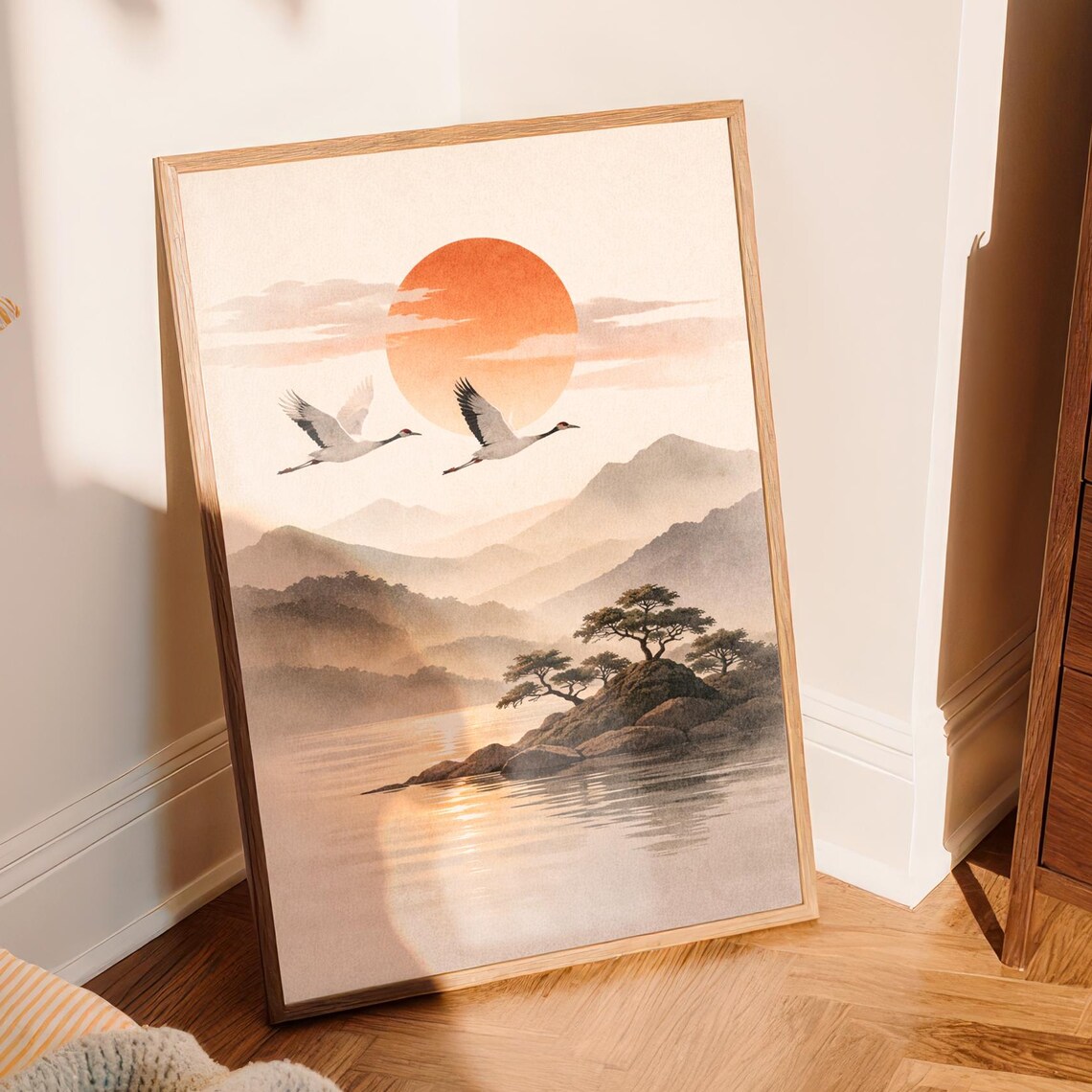 Japanese Cranes Sunset Lake Minimalist Zen Nature Landscape Poster
