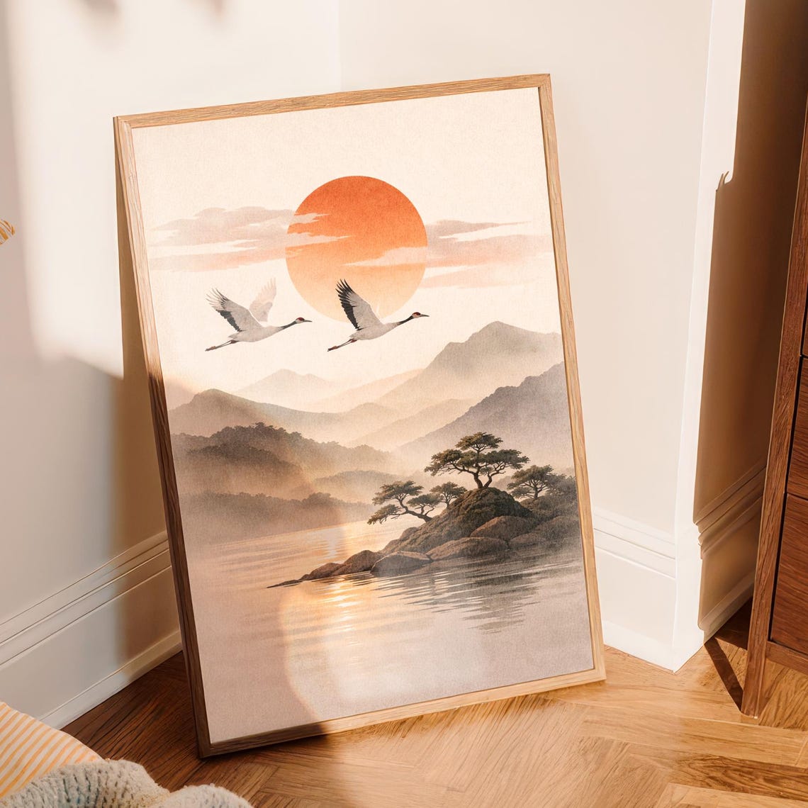 Minimalist Japanese Landscape Wall Art Crane Sunset Poster Neutral Zen Nature Decor