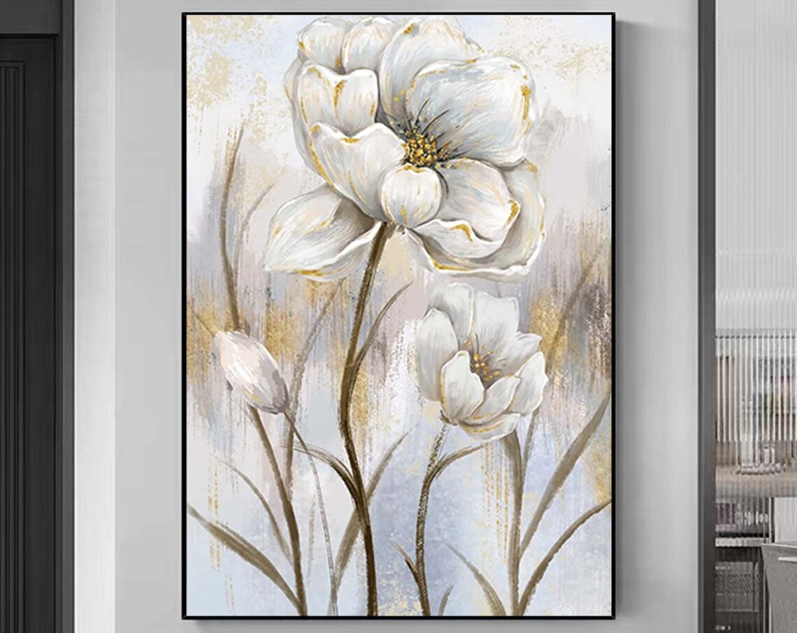 Abstract White Flower Oil Painting, Modern Wall Art