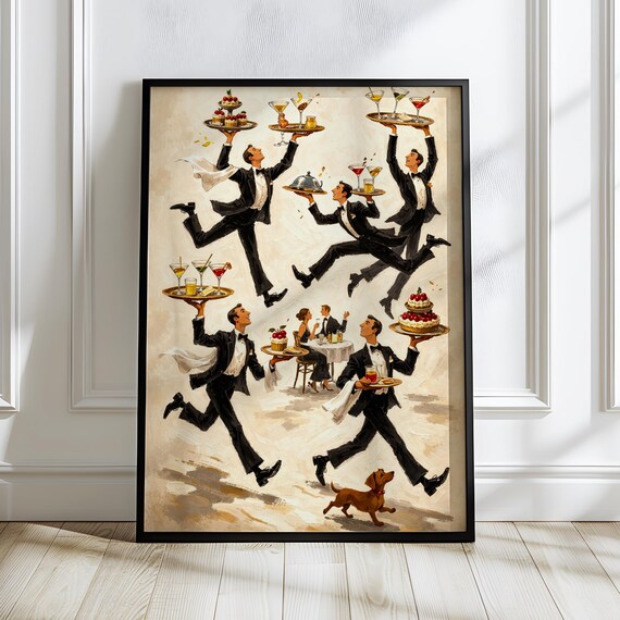 Running Waiters Tuxedo Cocktail Trays Vintage Bistro Humor Poster
