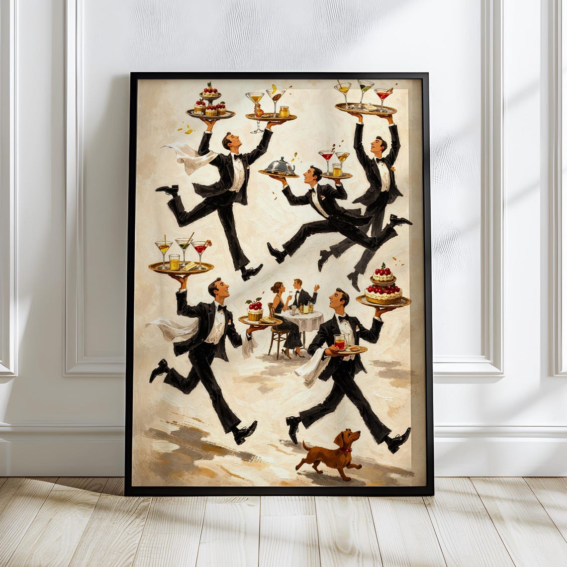 Running Waiters Poster Tuxedo Servers Cocktail Trays Bistro Humor Vintage Lounge Wall Art