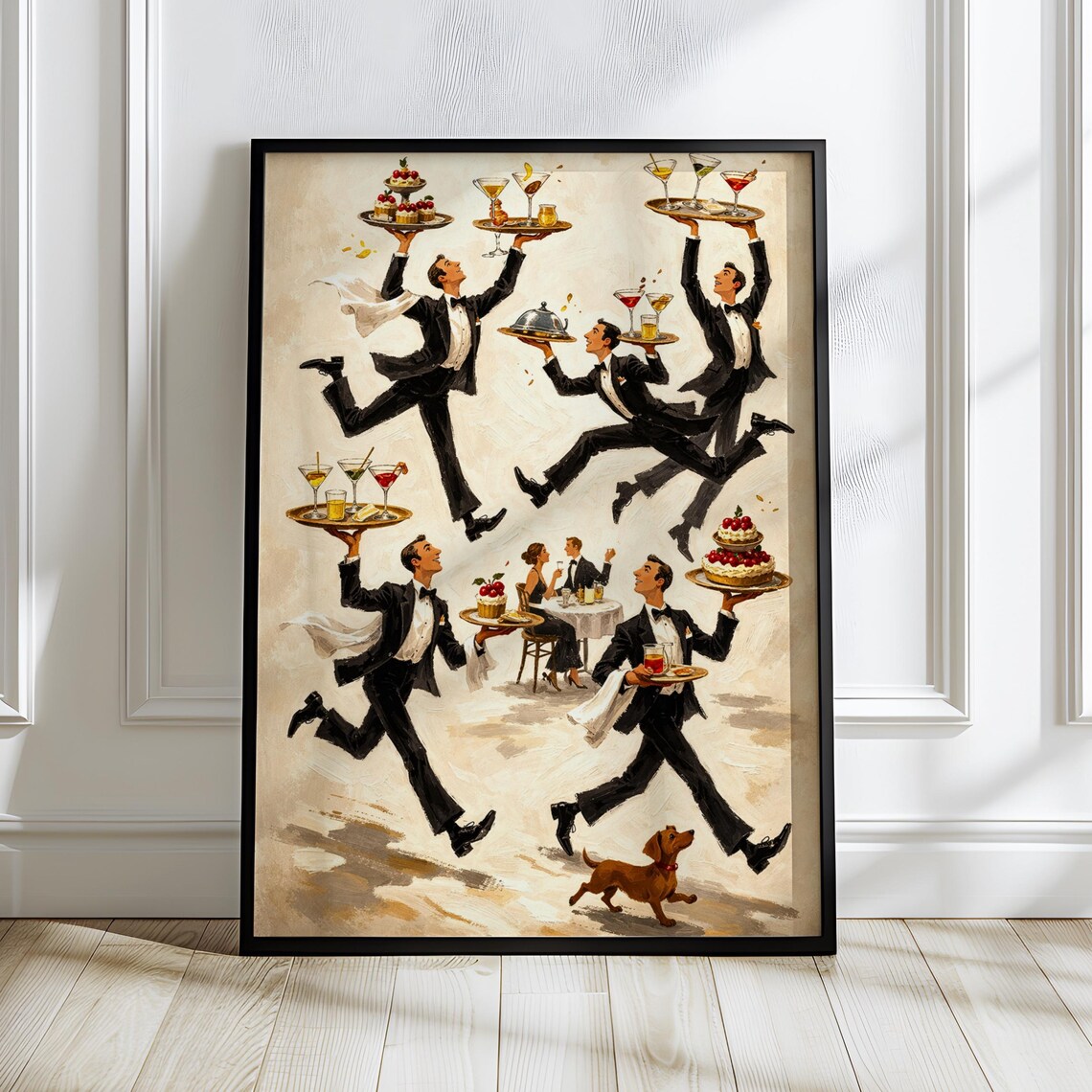 Running Waiters Tuxedo Cocktail Trays Vintage Bistro Humor Poster